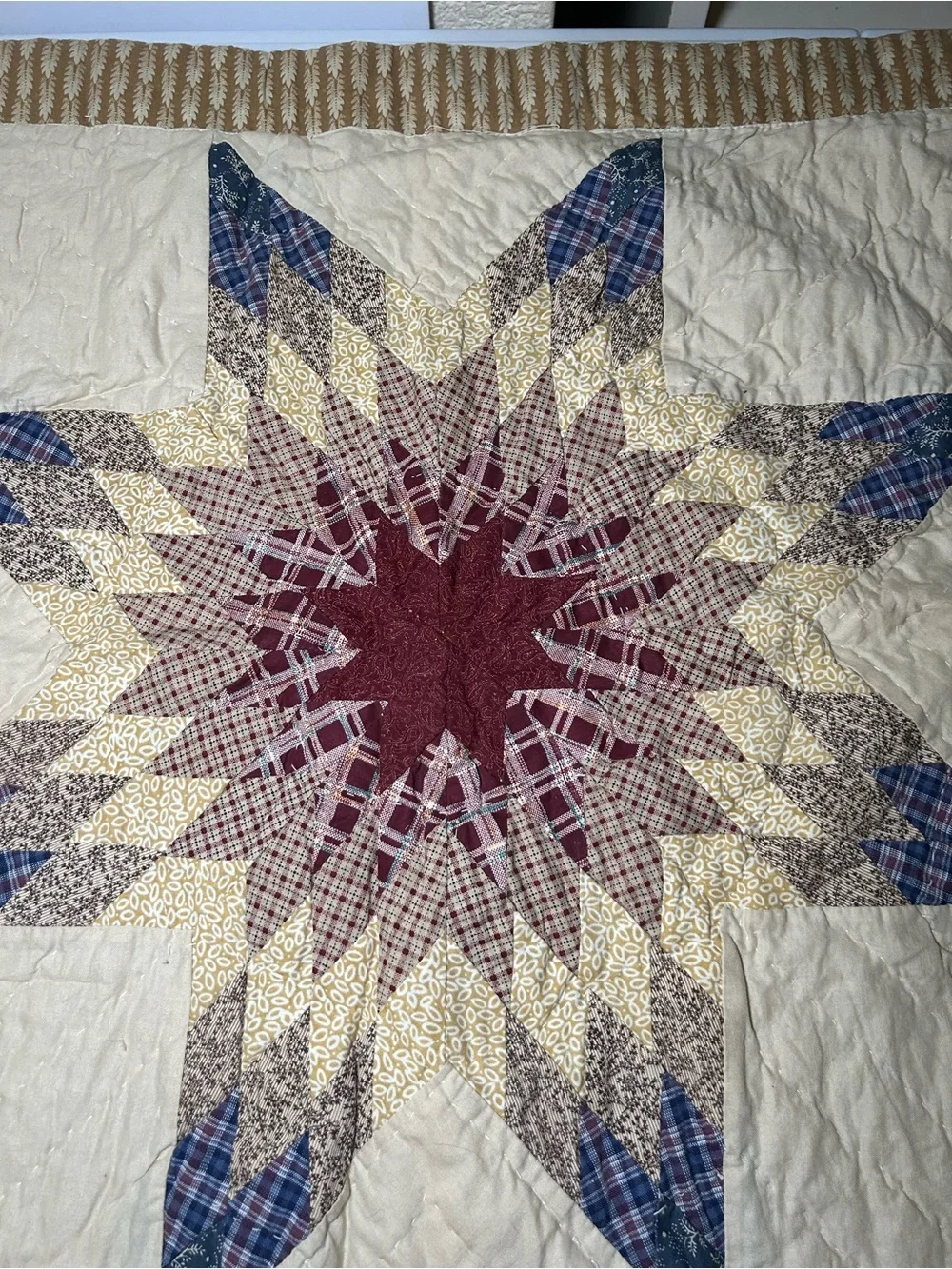 Star Patchwork Quilted Pillowcase Cream, Blue, Burgundy Country Chic Homey Cozy